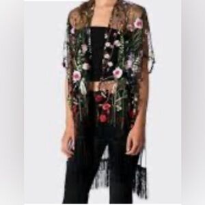 Black Mesh Floral Embroidered Kimono with Fringe